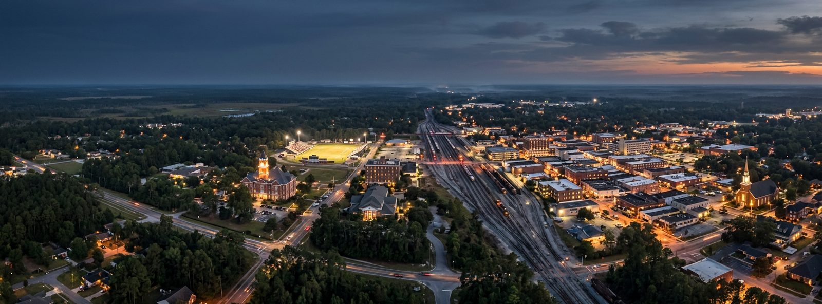 Aerial view of the Waycross, Georgia skyline at dusk, illustrating the metro area TactStack serves trade and service businesses in
