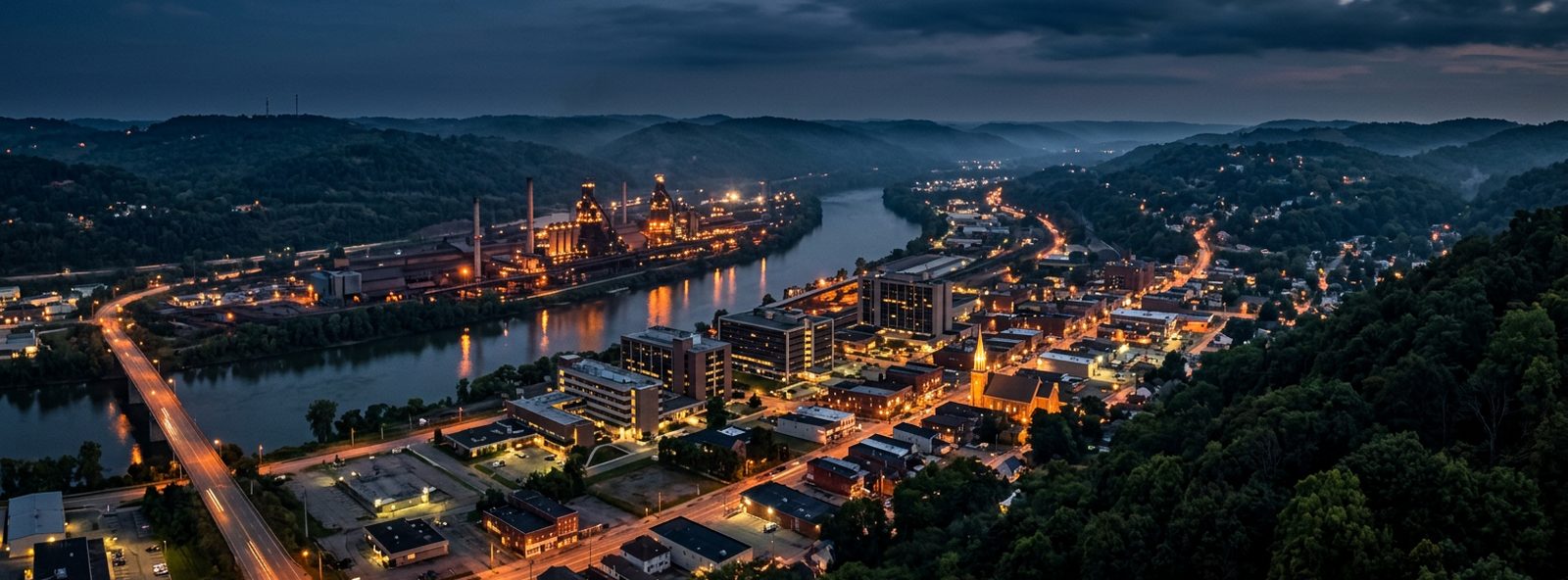 Aerial view of the Weirton, West Virginia skyline at dusk, illustrating the metro area TactStack serves trade and service businesses in
