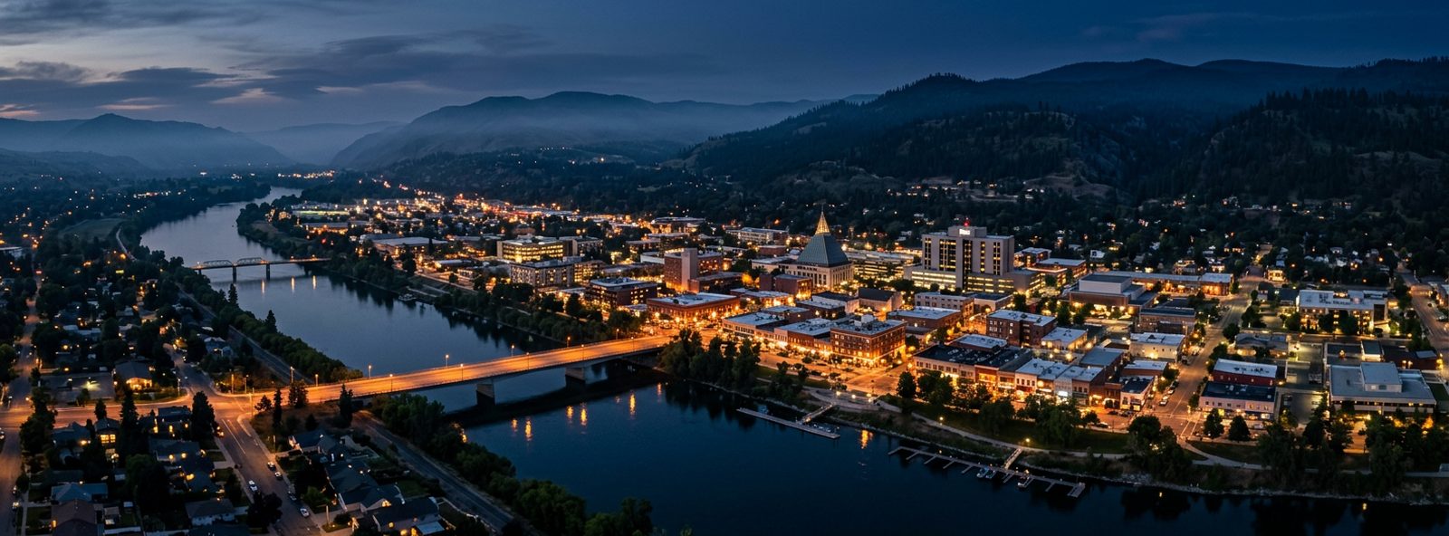 Aerial view of the Wenatchee, Washington skyline at dusk, illustrating the metro area TactStack serves trade and service businesses in