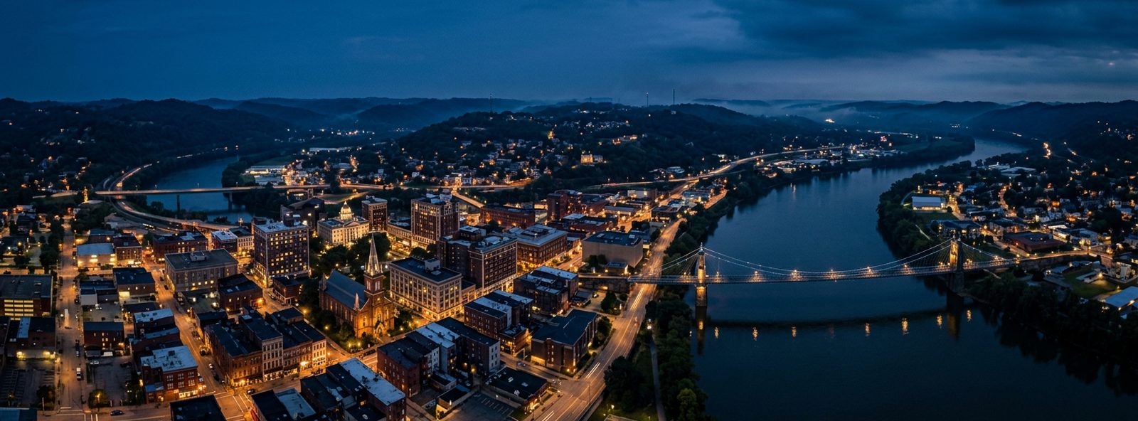 Aerial view of the Wheeling, West Virginia skyline at dusk, illustrating the metro area TactStack serves trade and service businesses in