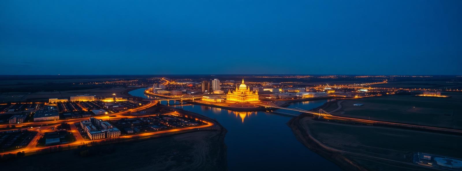 Aerial view of the Wichita, Kansas skyline at dusk, illustrating the metro area TactStack serves trade and service businesses in