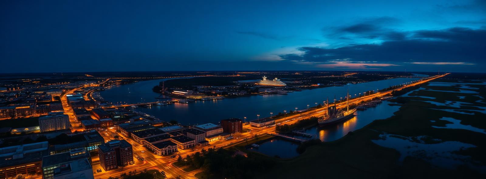 Aerial view of the Wilmington, North Carolina skyline at dusk, illustrating the metro area TactStack serves trade and service businesses in