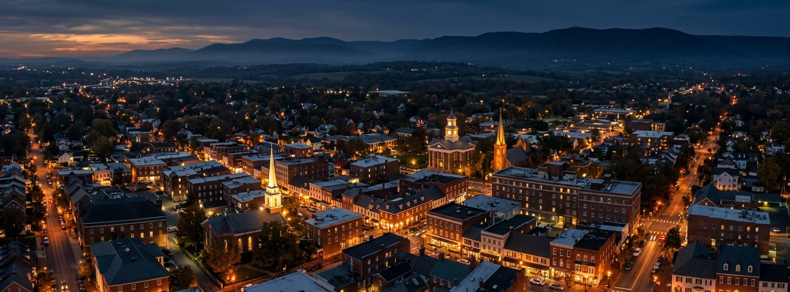 Aerial view of the Winchester, Virginia skyline at dusk, illustrating the metro area TactStack serves trade and service businesses in