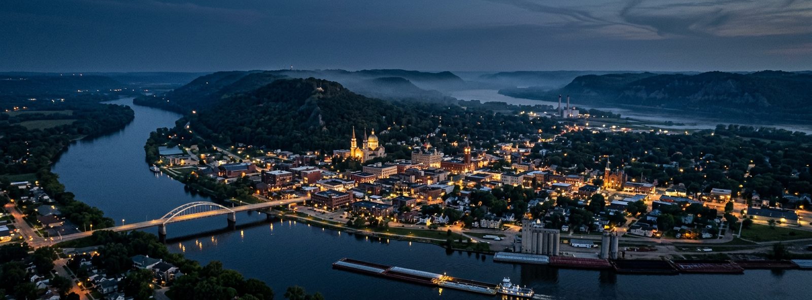Aerial view of the Winona, Minnesota skyline at dusk, illustrating the metro area TactStack serves trade and service businesses in