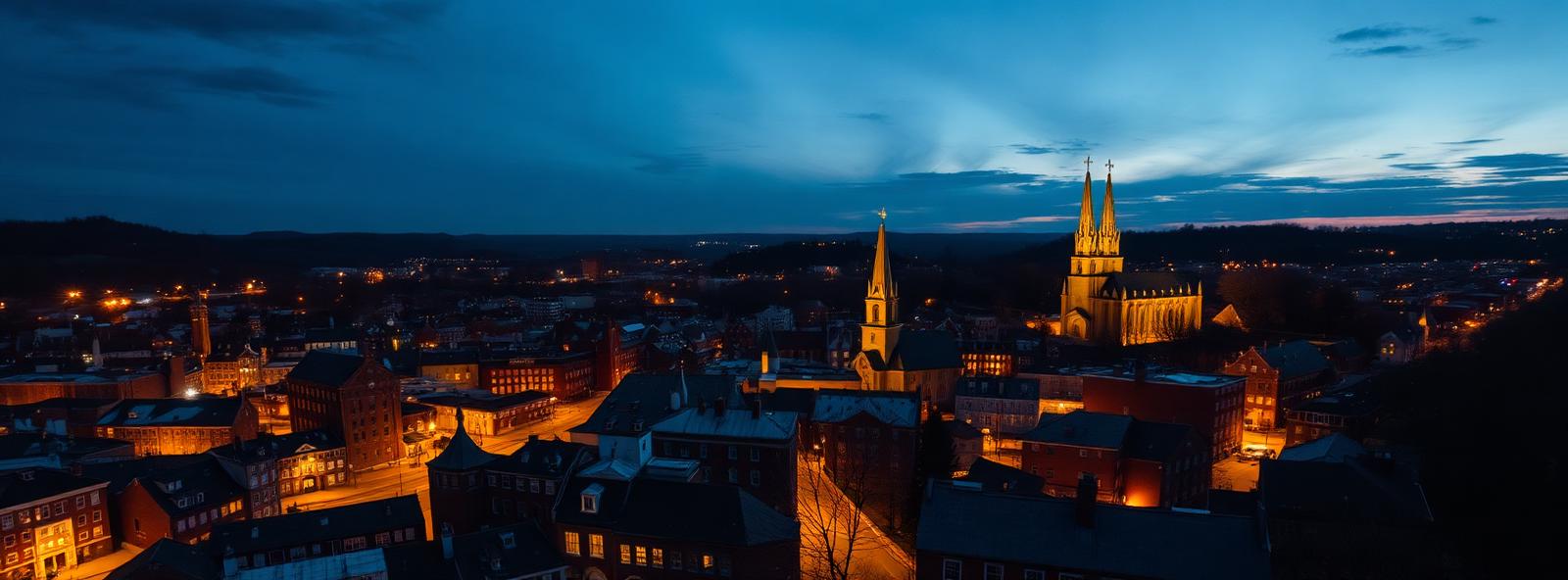 Aerial view of the Worcester, Massachusetts skyline at dusk, illustrating the metro area TactStack serves trade and service businesses in
