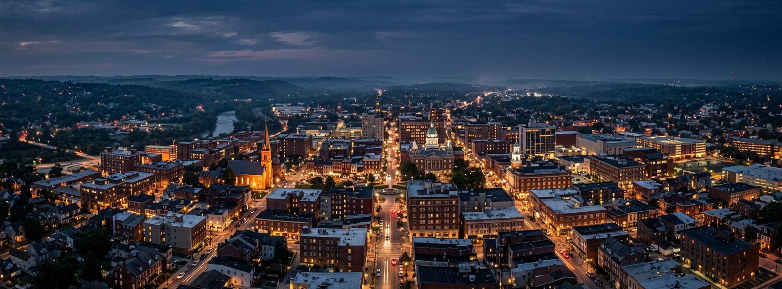 Aerial view of the York, Pennsylvania skyline at dusk, illustrating the metro area TactStack serves trade and service businesses in