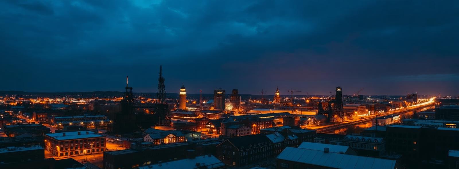 Aerial view of the Youngstown, Ohio skyline at dusk, illustrating the metro area TactStack serves trade and service businesses in
