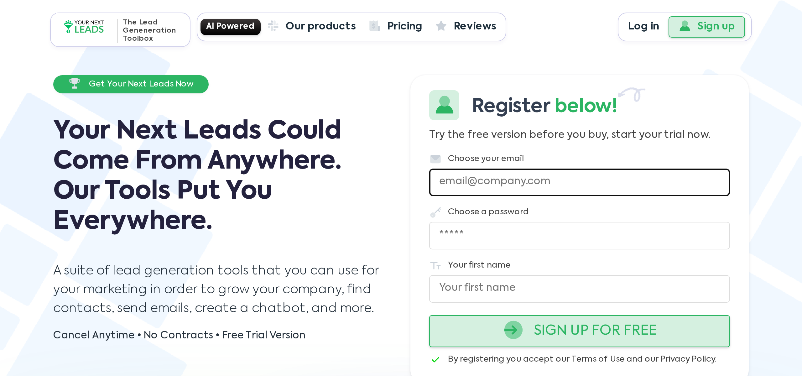 Your Next Leads landing page with a sign-up card and lead generation headline