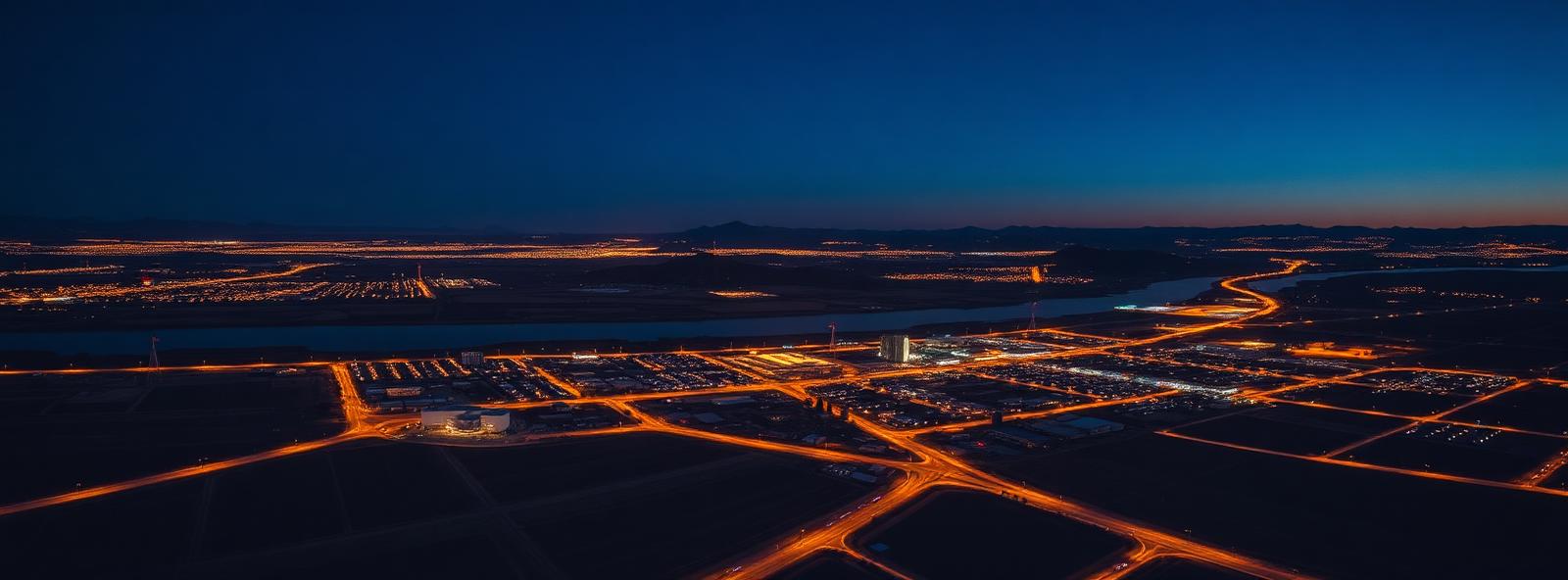 Aerial view of the Yuma, Arizona skyline at dusk, illustrating the metro area TactStack serves trade and service businesses in